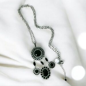 WHBM White House Black Market Silver Tone Faux Faceted Obsidian Long Necklace